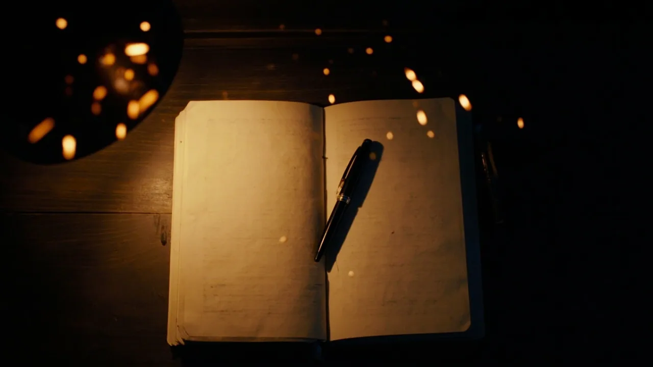 A handwritten notebook and fountain pen under lamplight