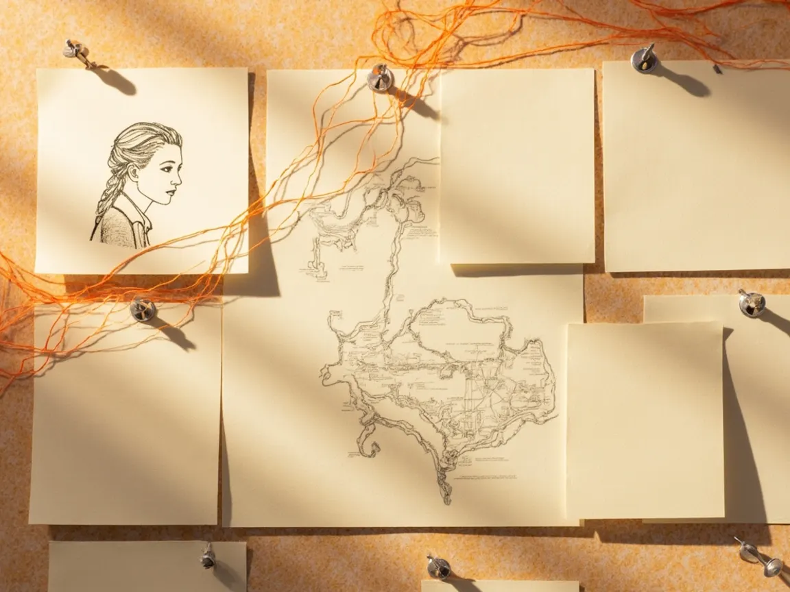A corkboard story bible in afternoon light: a pinned character sketch, a hand-drawn map and red string between the cards