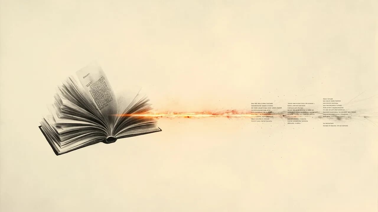 An open book with a thread of light turning its pages into screenplay lines