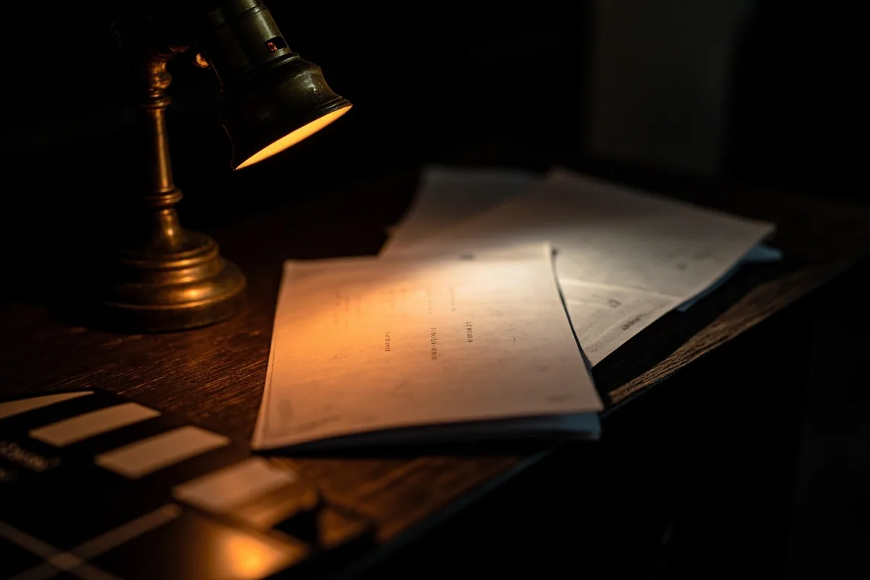 Screenplay pages and a clapperboard under a desk lamp