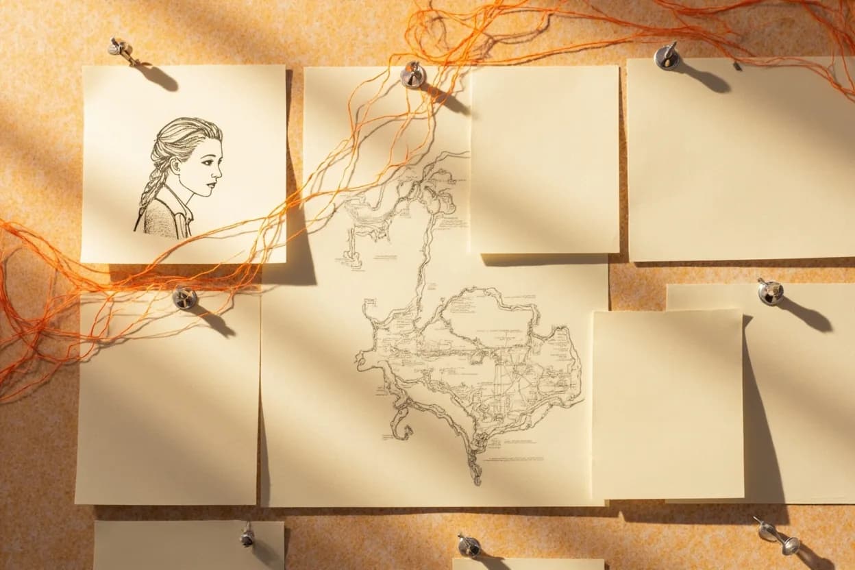 A cork board with pinned character sketches and a map, cards linked by orange thread