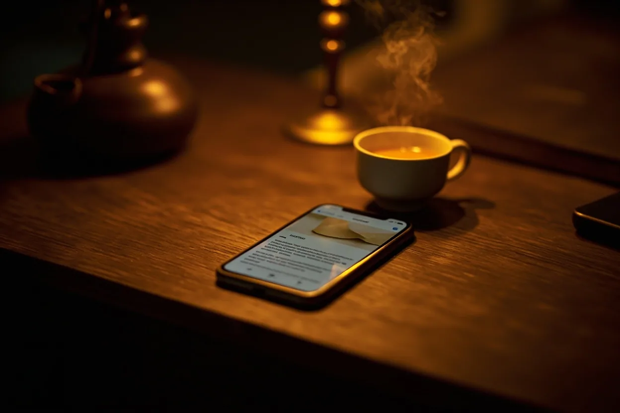 A phone showing a chapter draft beside a teacup on a dark wooden desk at night
